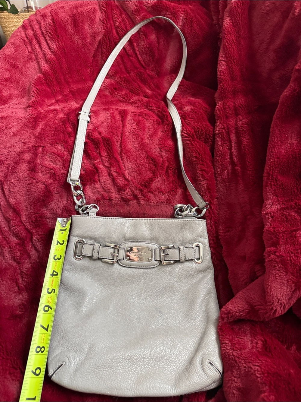 Michael Kors Leather Crossbody Bag in Light Gray with Buckle Detail